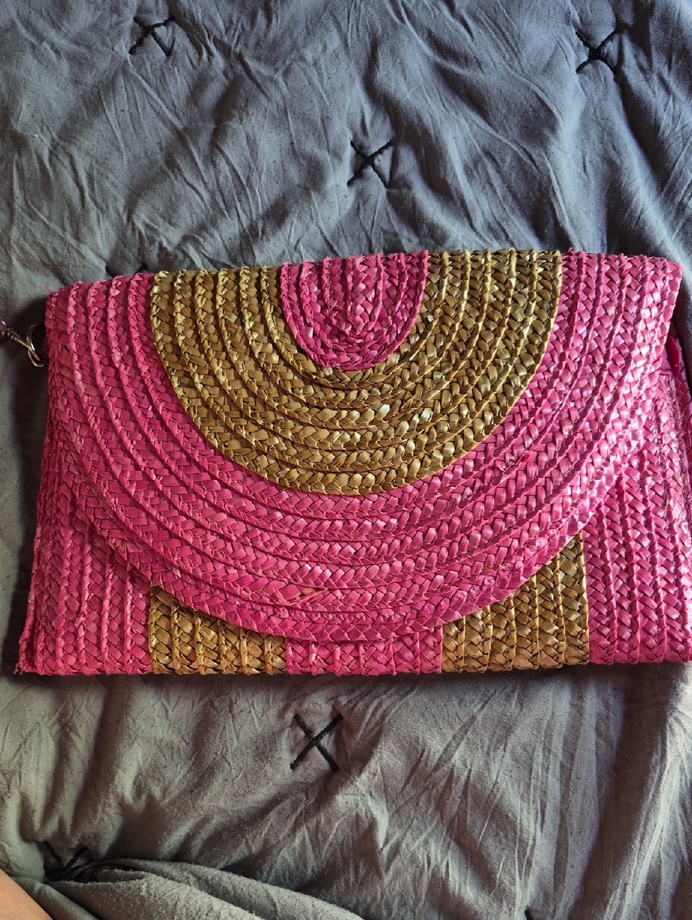 Pink and Natural Woven Straw Clutch